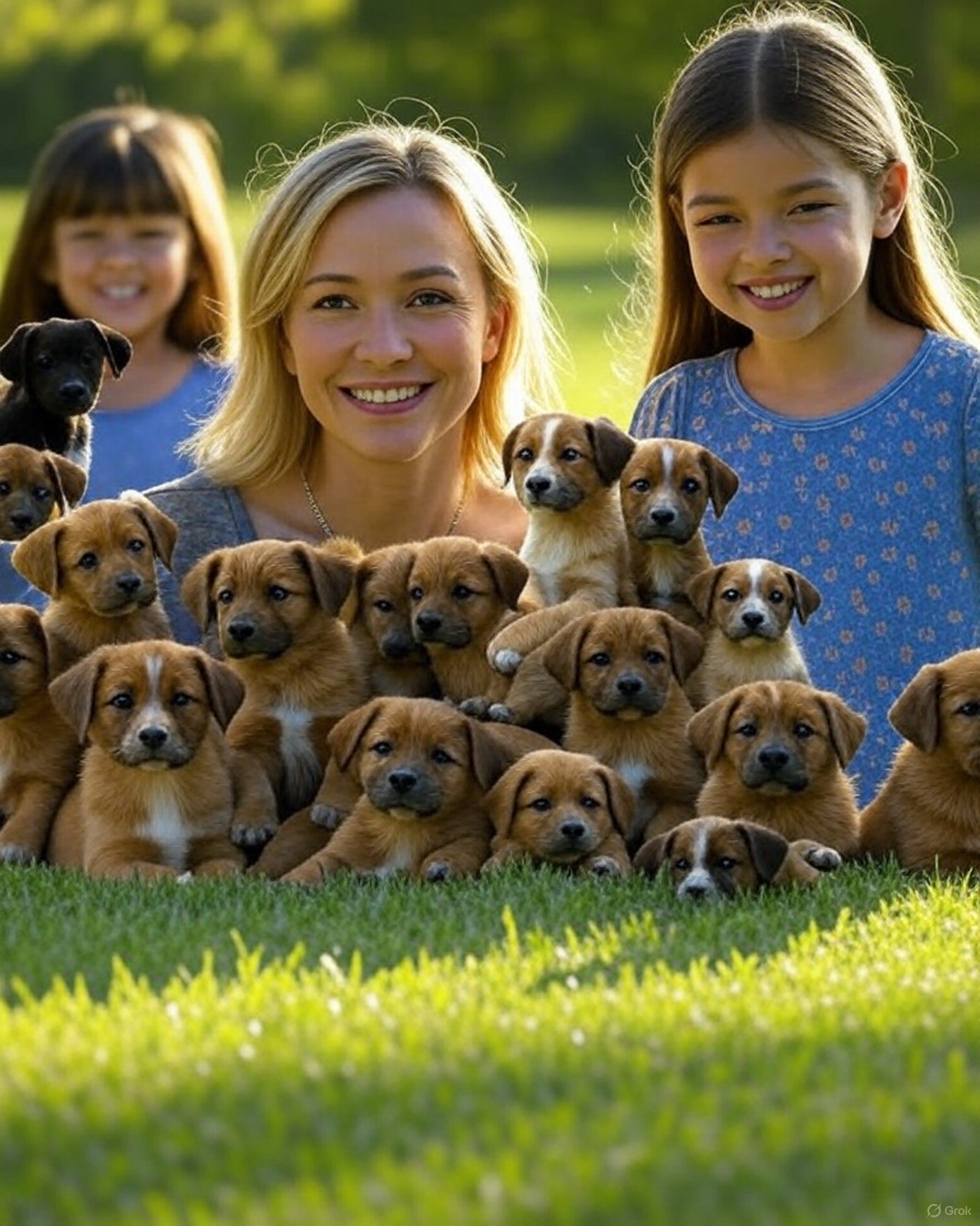 Happy family with puppies